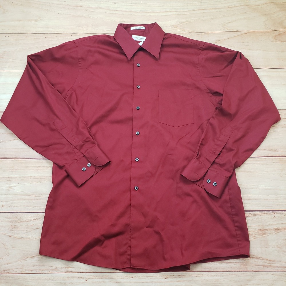 Van Heusen Shirt Mens Large 16 34/35 Burgundy Red Dress Lux Sateen Wrinkle Free